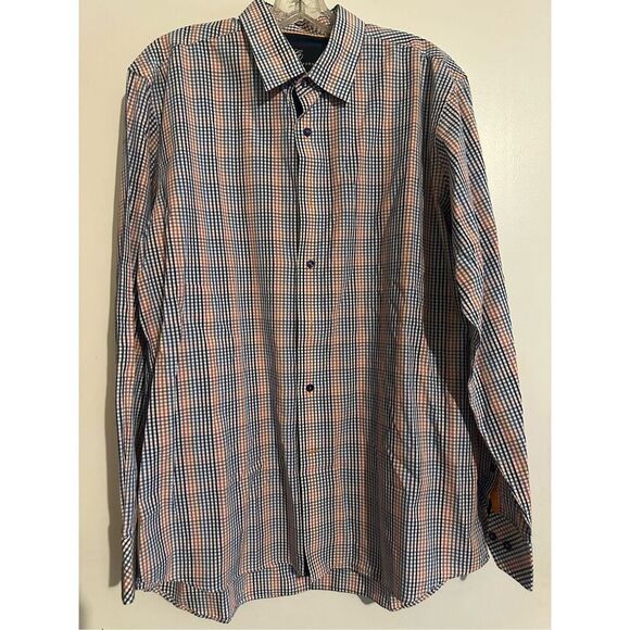 Cote Opera Paris Formal Shirt button down blue orange white gingham size 17 43 L - Picture 4 of 6